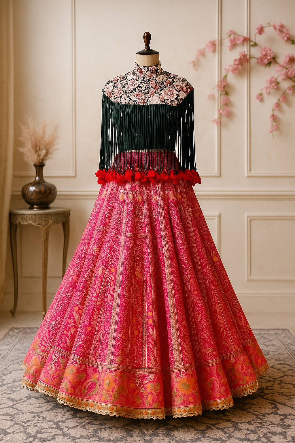 Festive Pink Floral Embroidered Lehenga Set