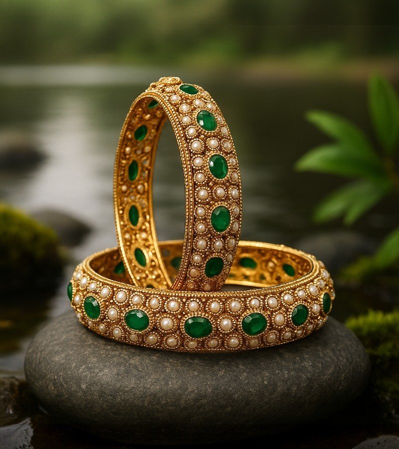 Royal Emerald & Pearl Gold-Plated Bangles