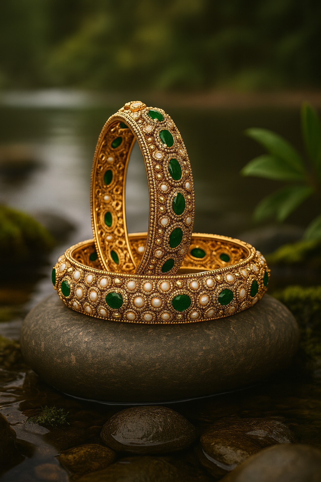 Royal Emerald &amp; Pearl Gold-Plated Bangles image 2