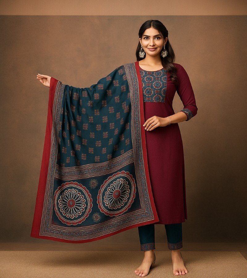 Maroon &amp;amp; Teal Handblock Printed Cotton Kurta Set