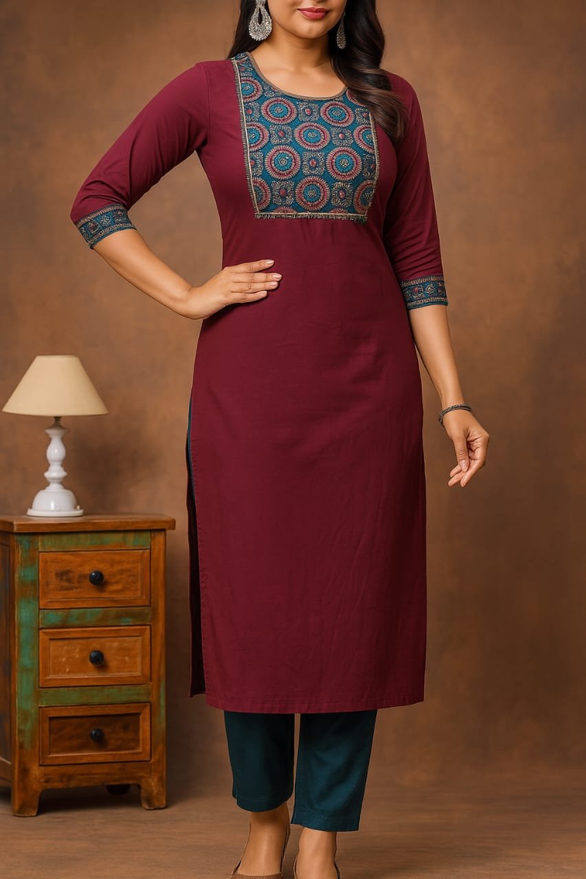 Maroon &amp;amp; Teal Handblock Printed Cotton Kurta Set