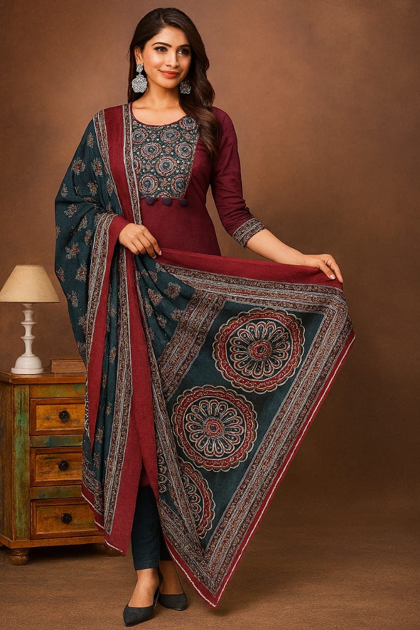 Maroon &amp;amp; Teal Handblock Printed Cotton Kurta Set image 3