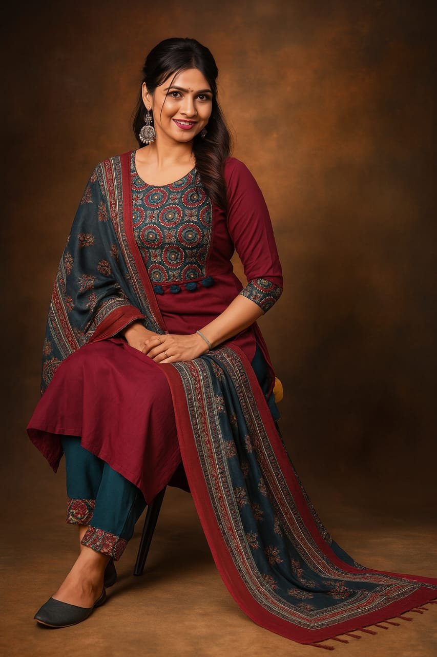 Maroon &amp;amp; Teal Handblock Printed Cotton Kurta Set image 4