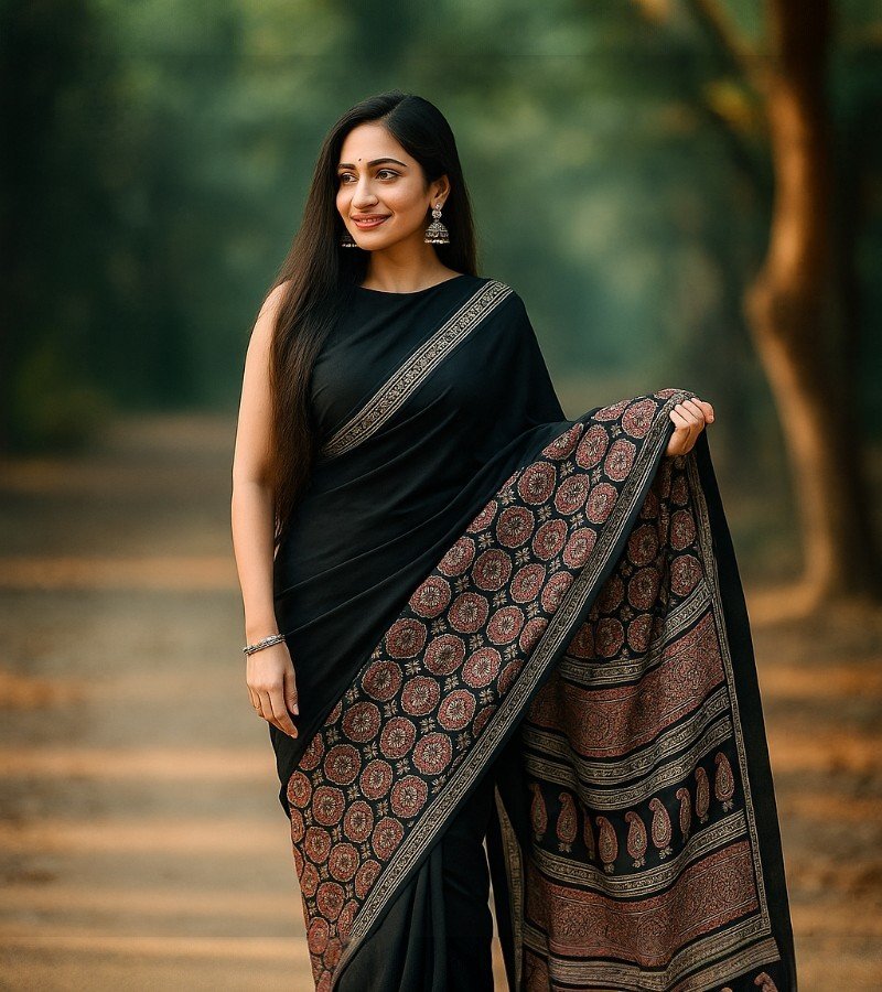 Elegant Black Ajrakh Print Cotton Saree