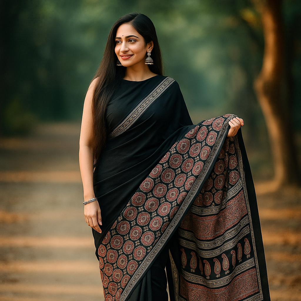 Elegant Black Ajrakh Print Cotton Saree