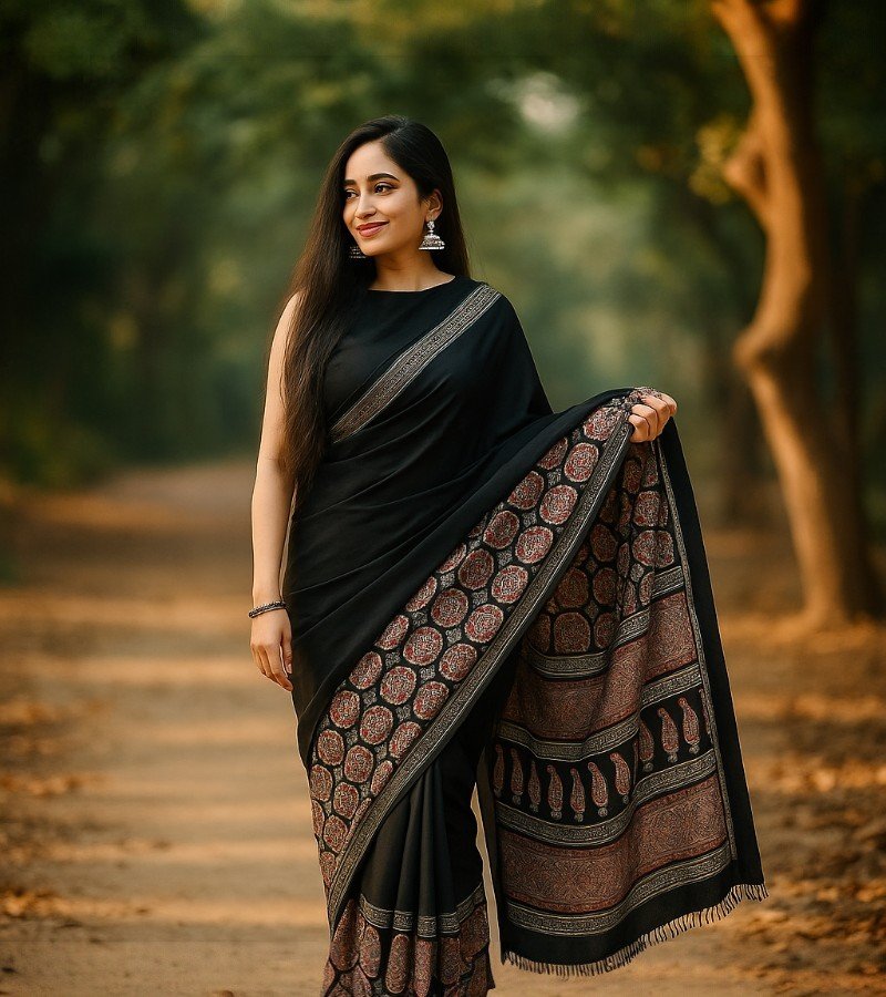Elegant Black Ajrakh Print Cotton Saree image 3