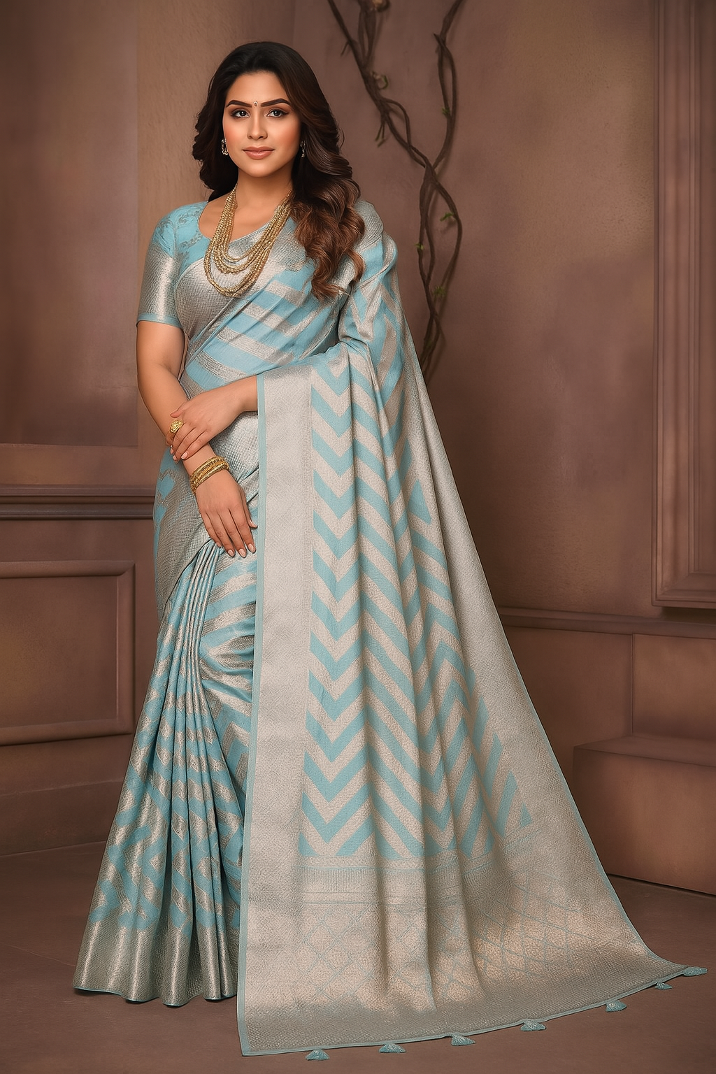 Elegant Sky Blue &amp;amp; Silver Soft Silk Saree