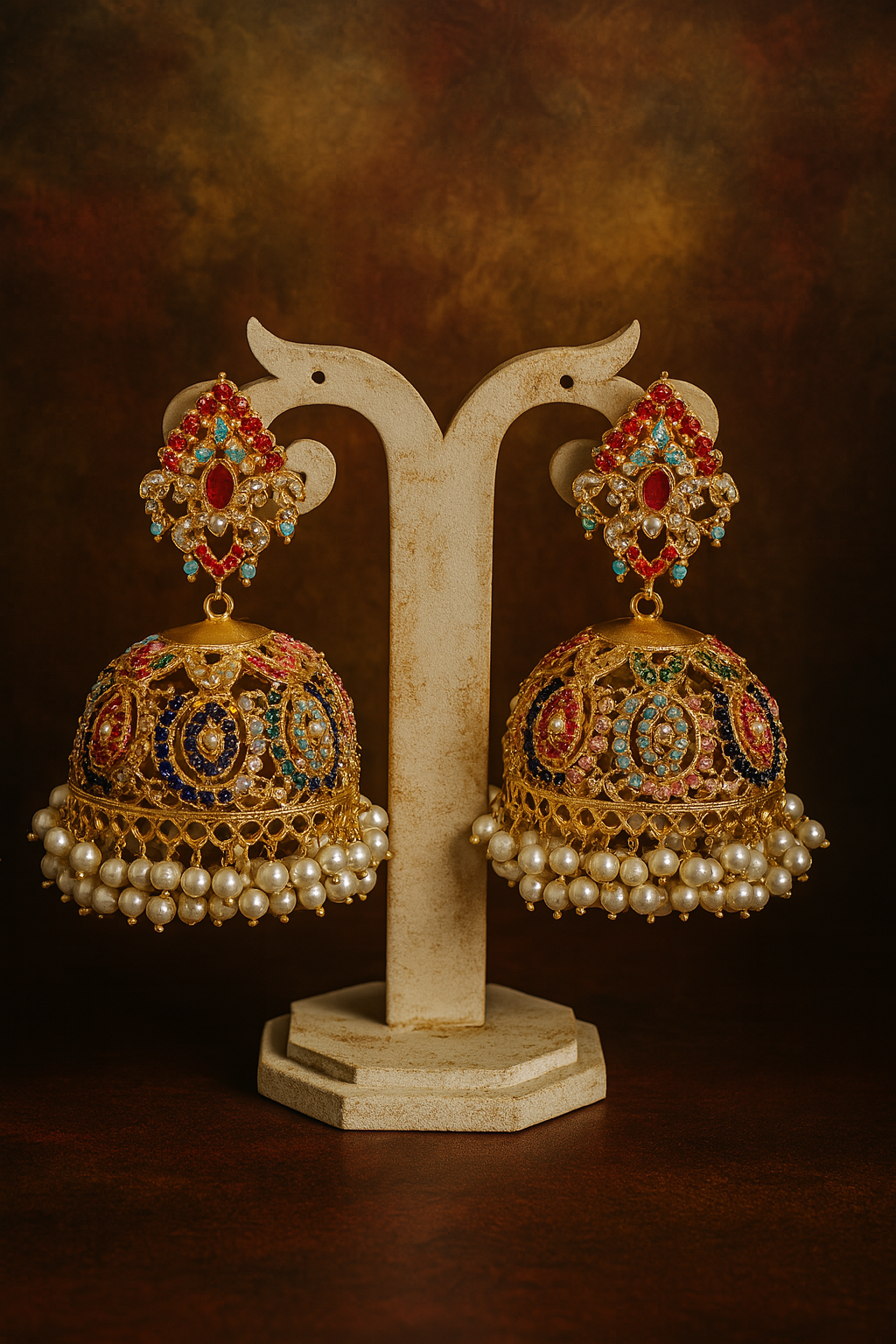 Royal Multicolor Stone Jhumka Earrings with Pearl Drops