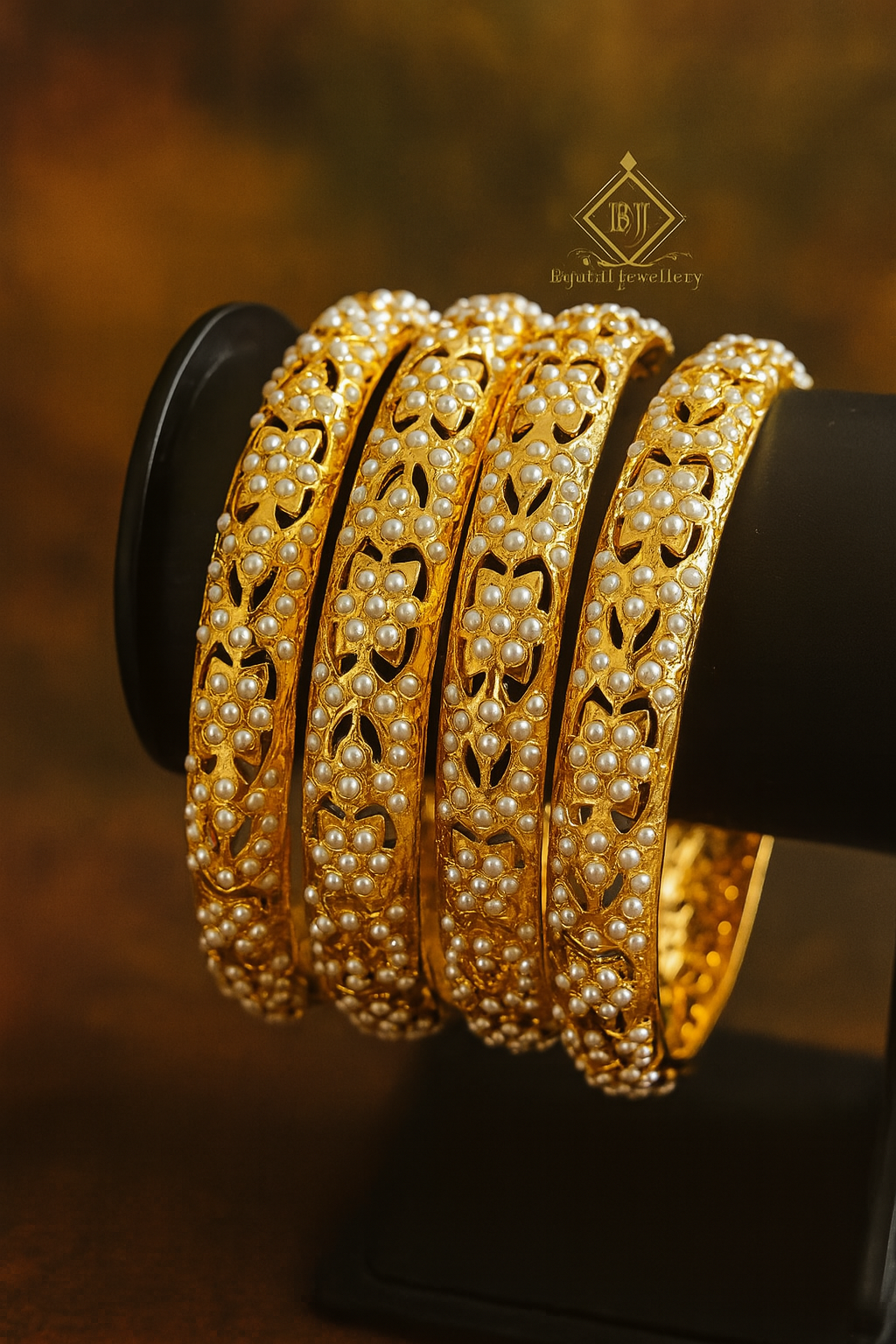 Antique Gold Pearl Floral Bangle Set