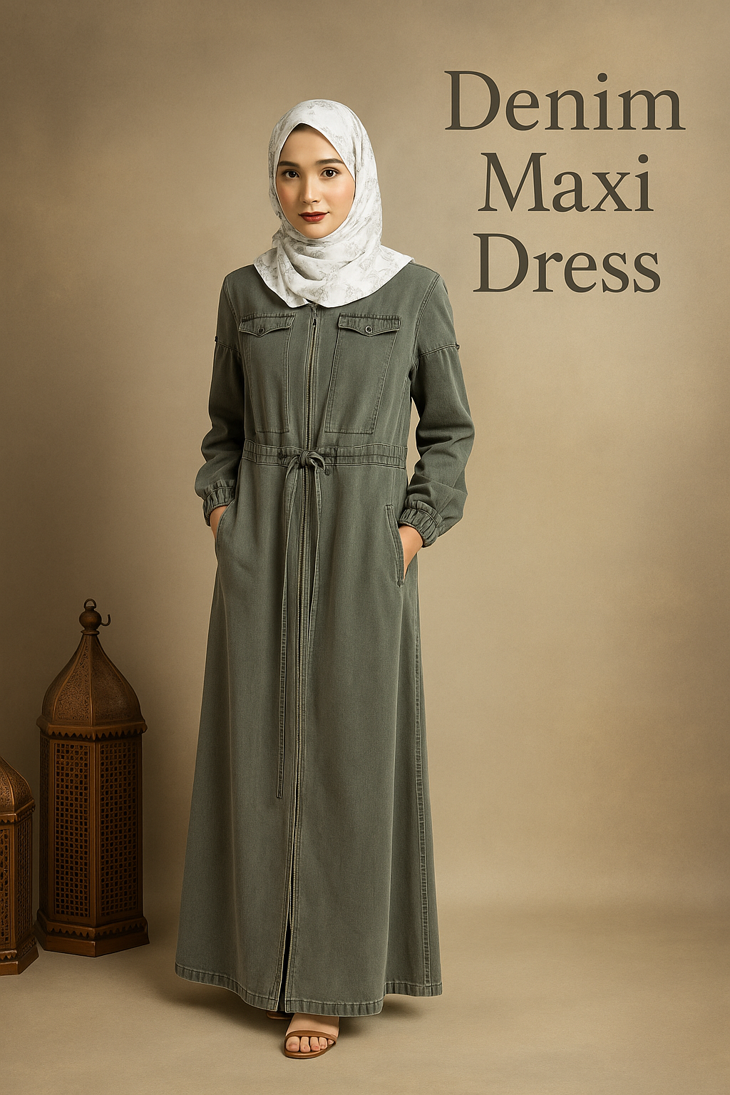 Denim Grey Front-Zip Abaya with Drawstring Waist