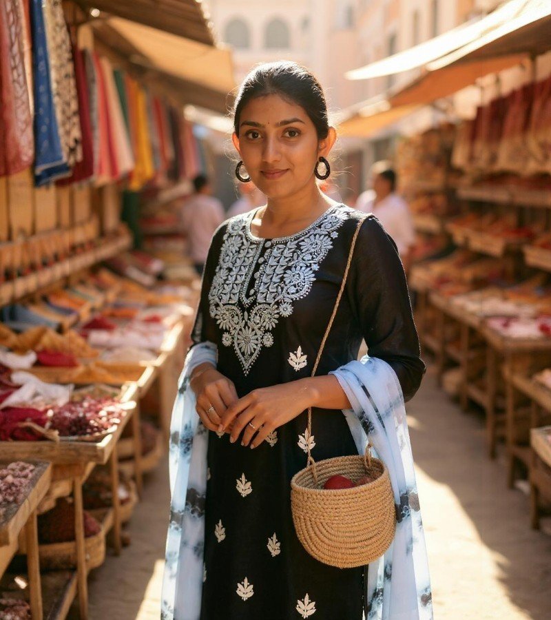 Elegant Black &amp; White Chikankari Kurthi Set