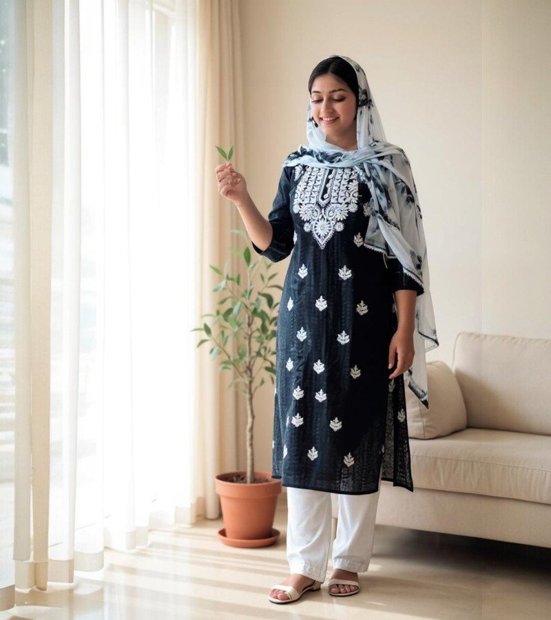 Elegant Black &amp; White Chikankari Kurthi Set image 3