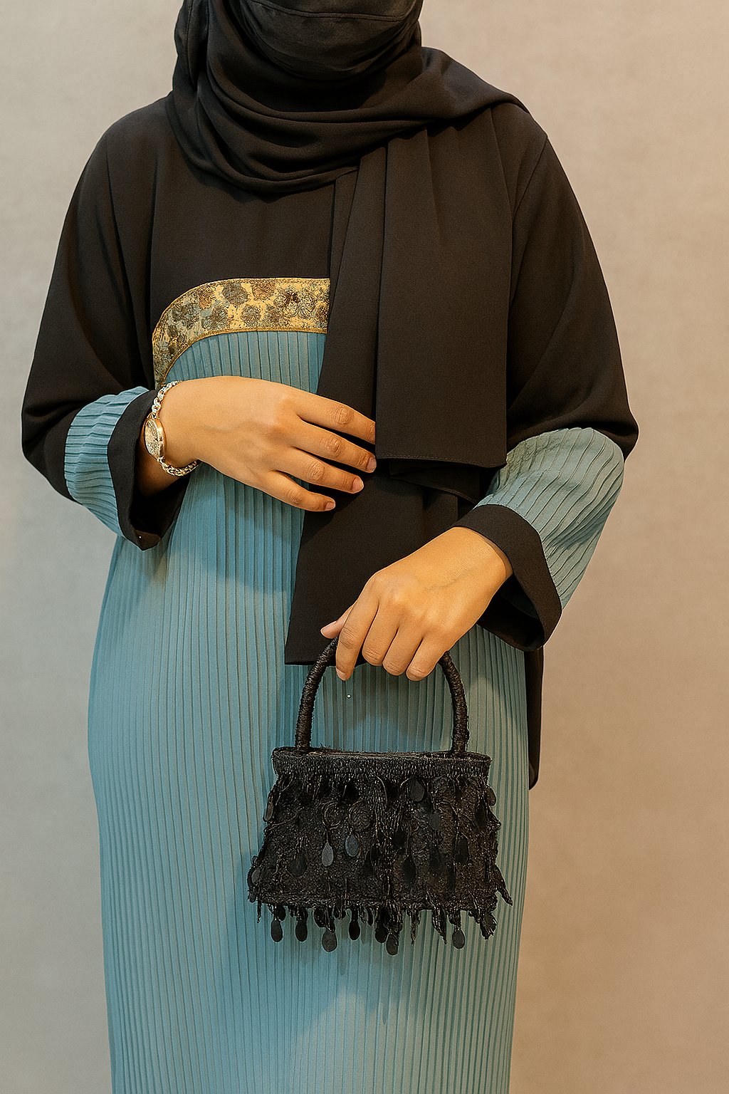 Pleated Modest Maxi Dress with Contrast Yoke