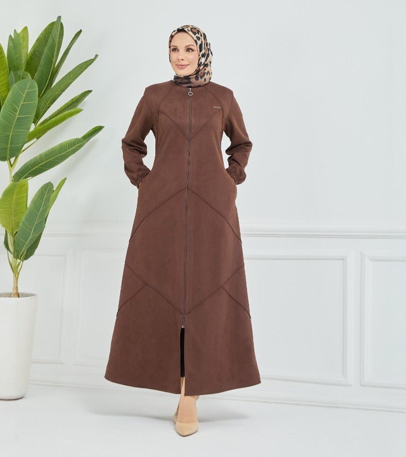 Classic Brown Zipper Abaya Coat