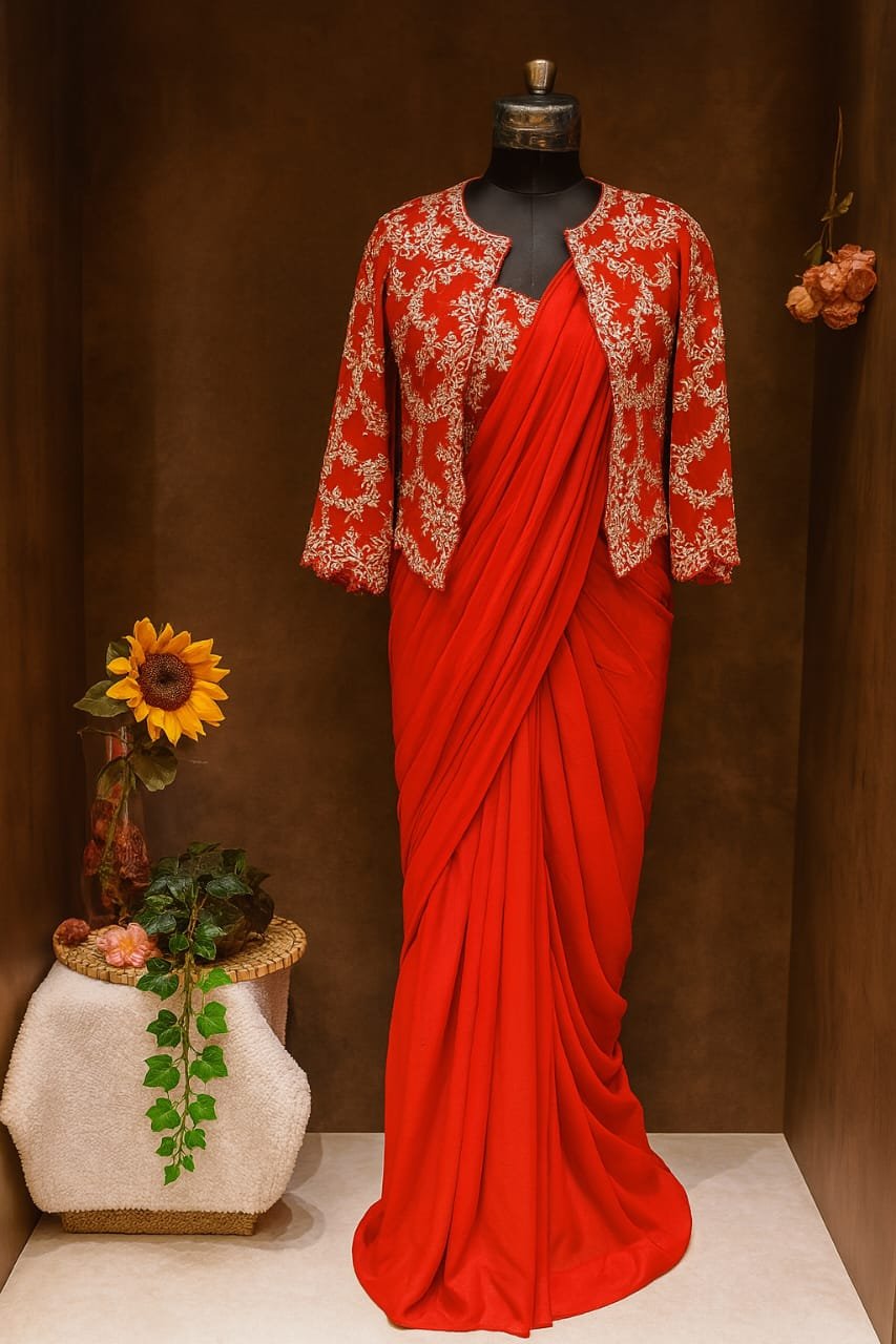Red Saree with Embroidered Jacket