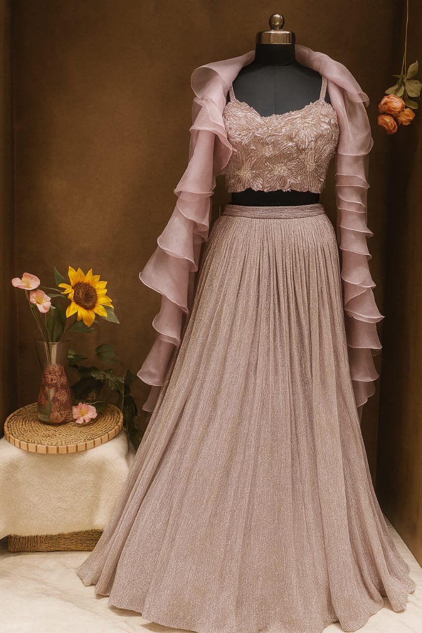 Rose Gold Embroidered Lehenga Choli with Ruffled Dupatta