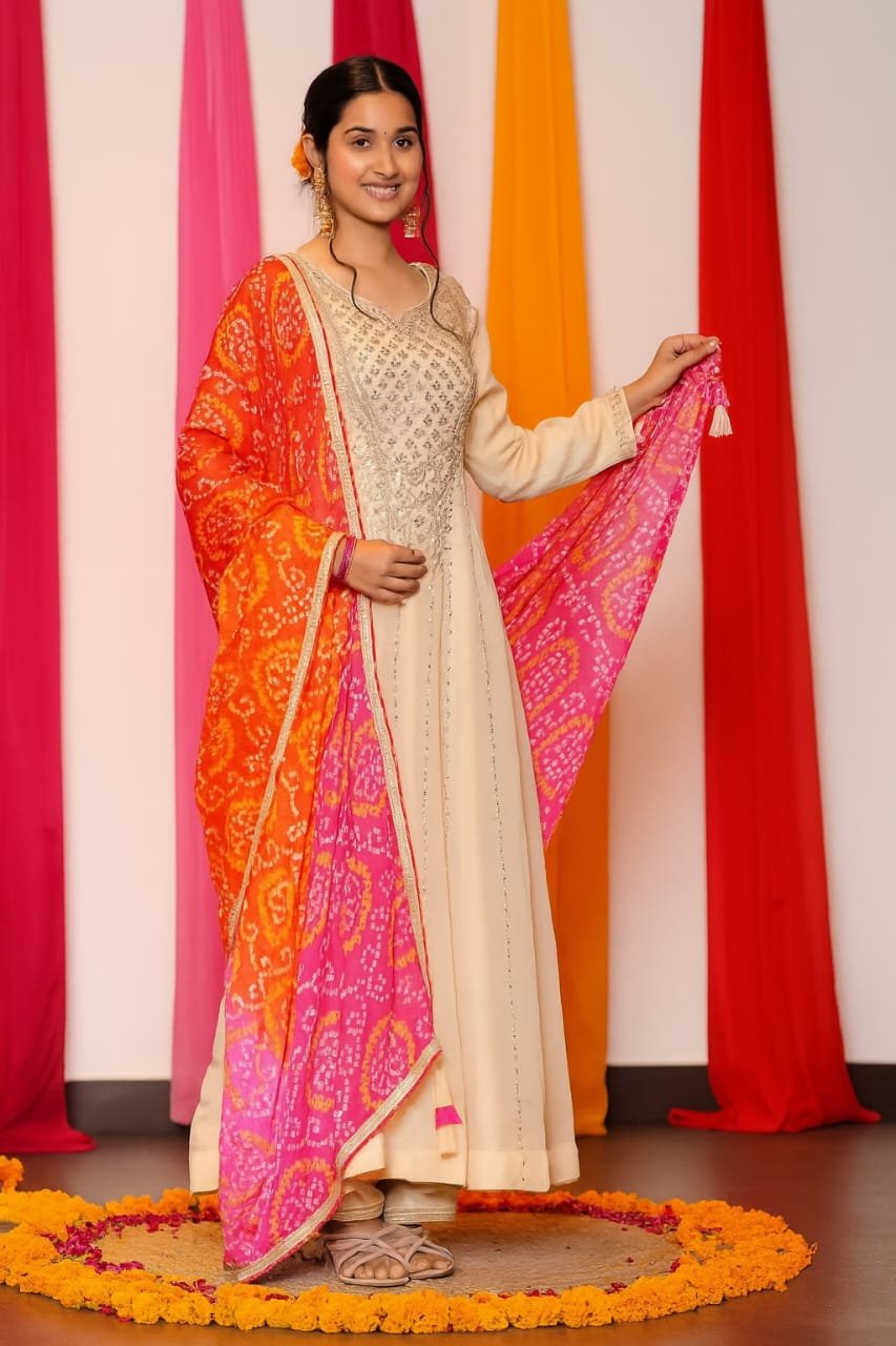 Cream Embroidery Kurti Set with Orange Dupatta