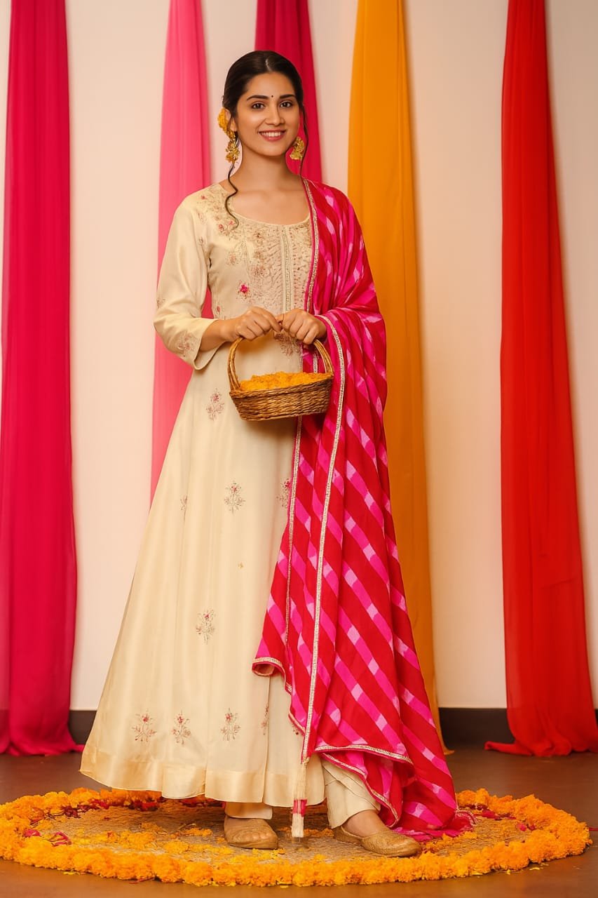 Cream Embroidery Kurti Set with Orange Dupatta image 3