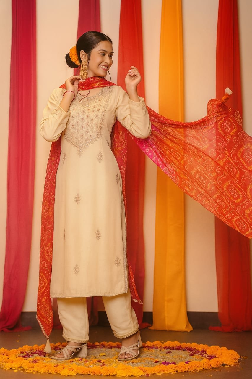 Cream Embroidery Kurti Set with Orange Dupatta image 4