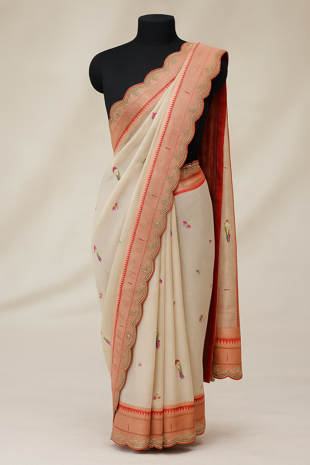 Ivory Parrot Embroidered Saree with Rose Gold Border