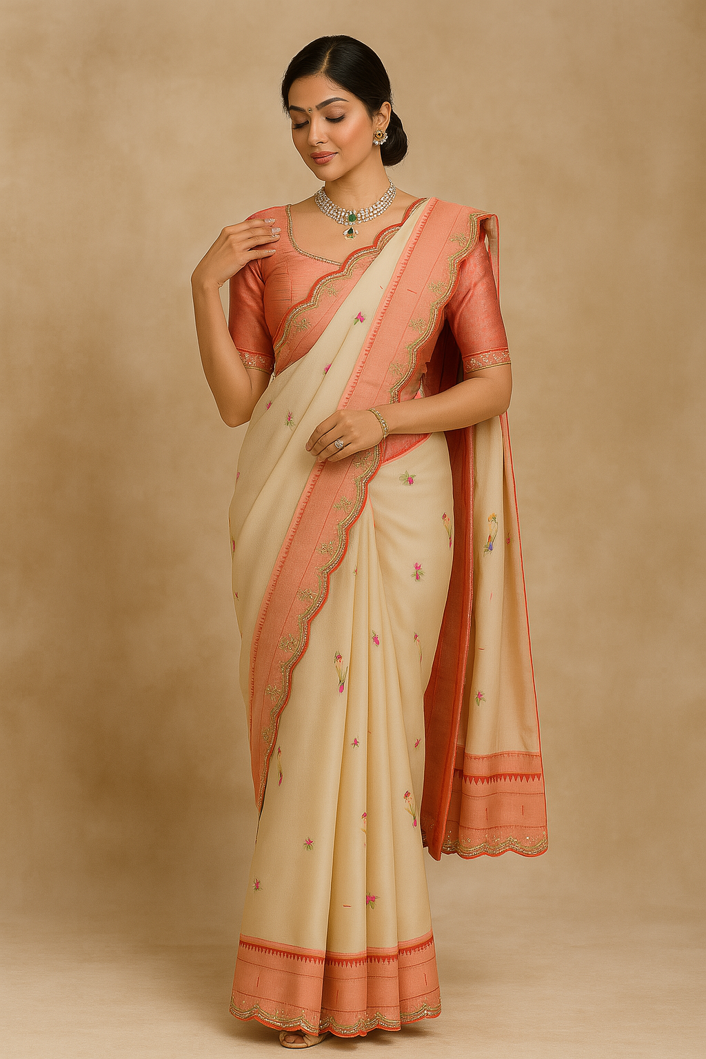 Ivory Parrot Embroidered Saree with Rose Gold Border image 2