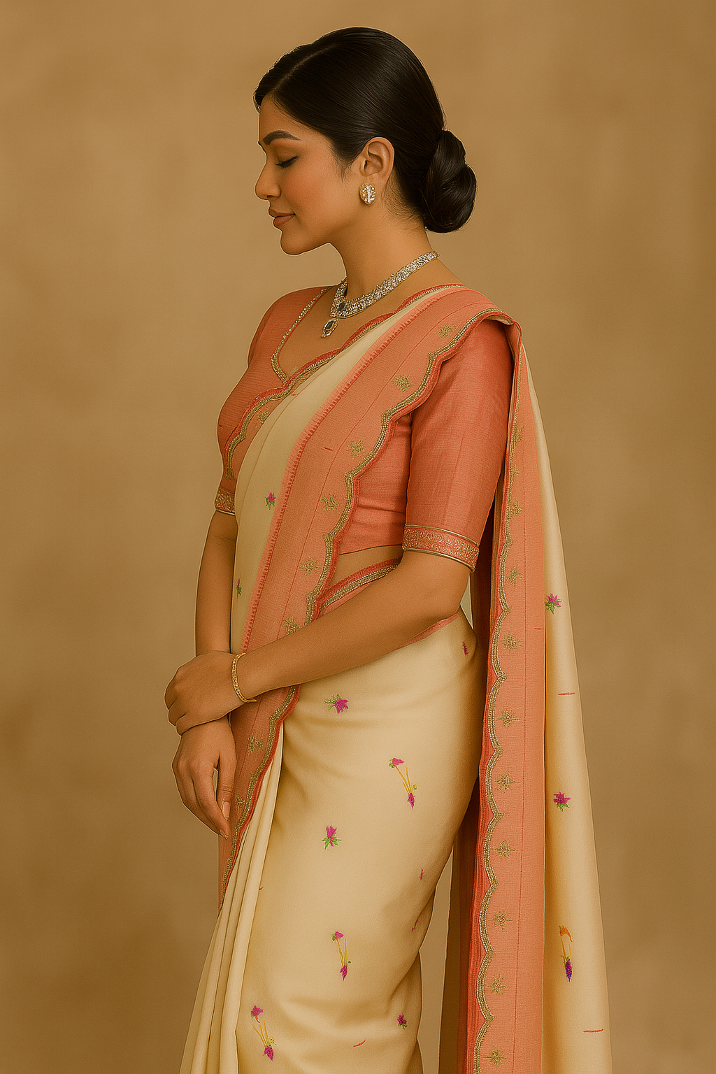 Ivory Parrot Embroidered Saree with Rose Gold Border image 4
