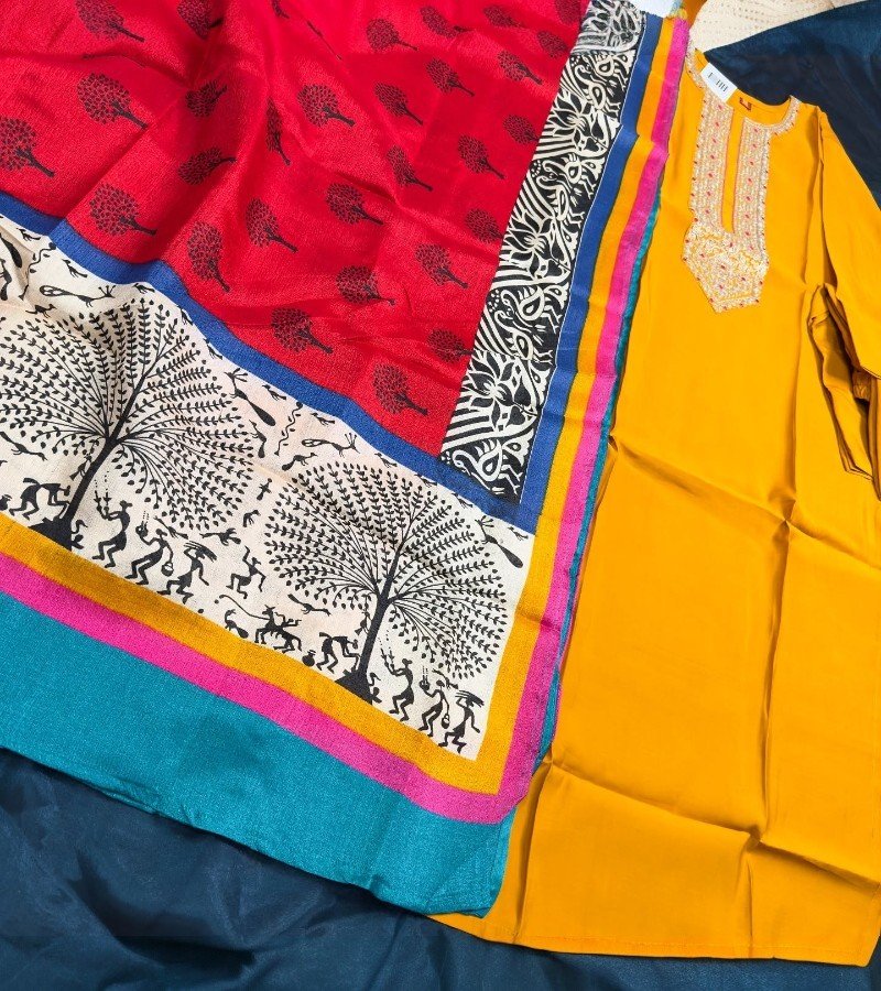 Yellow And Blue Printed Kurti Set