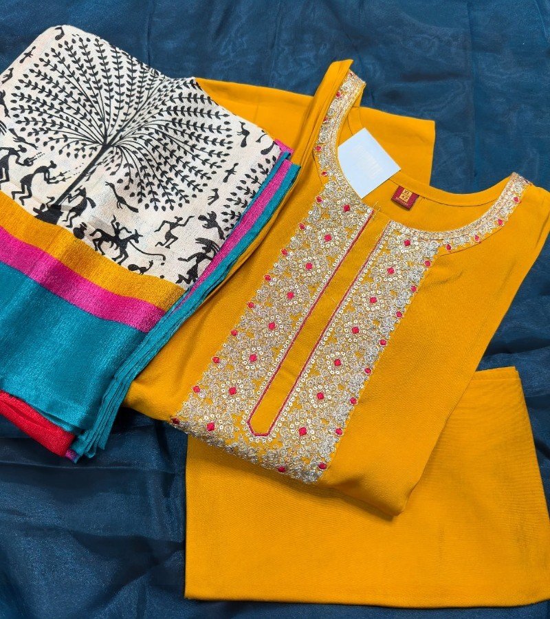 Yellow And Blue Printed Kurti Set image 2