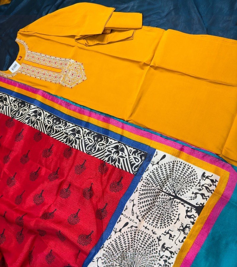 Yellow And Blue Printed Kurti Set image 3