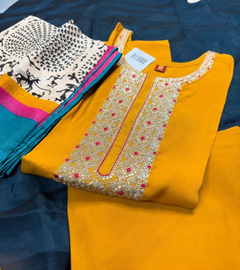 Yellow And Blue Printed Kurti Set image 4