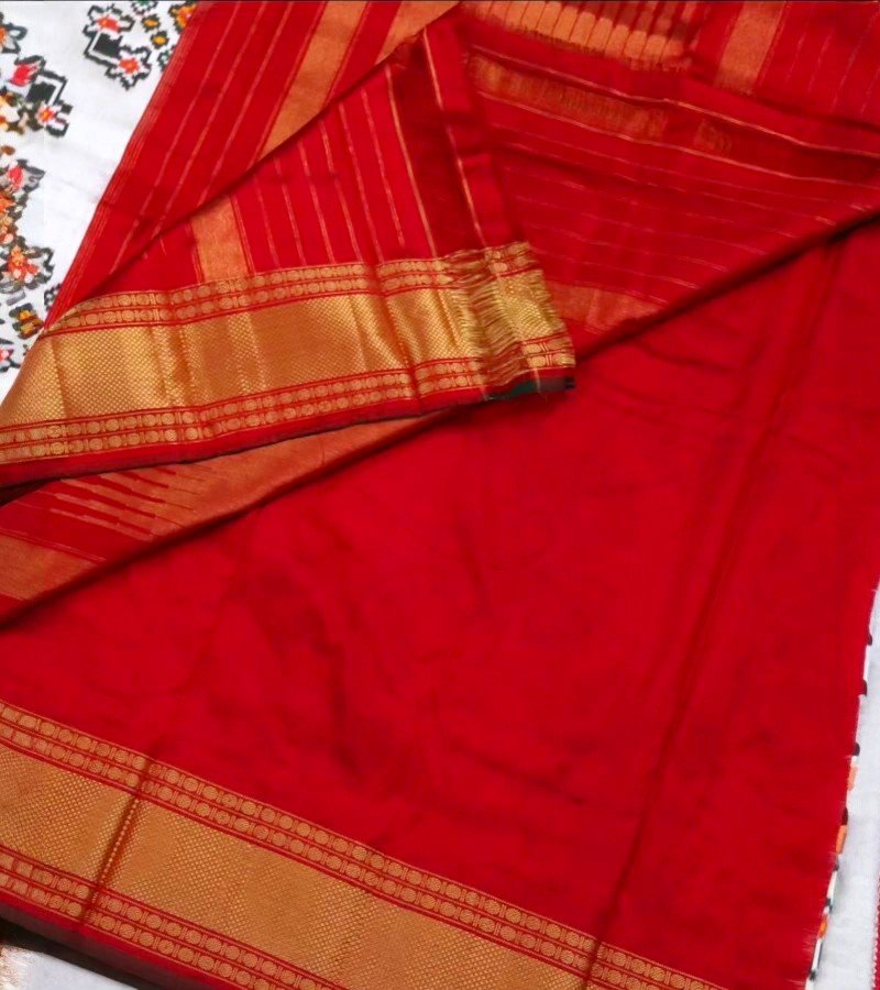 Ivory Ikat Print Saree with Red Zari Border