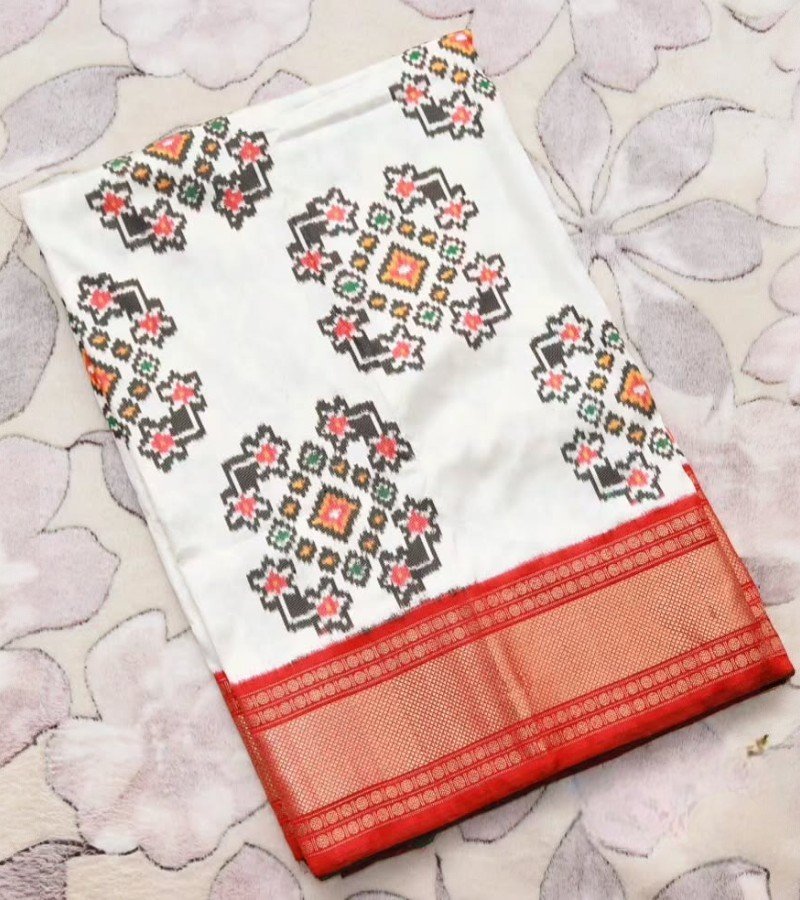 Ivory Ikat Print Saree with Red Zari Border