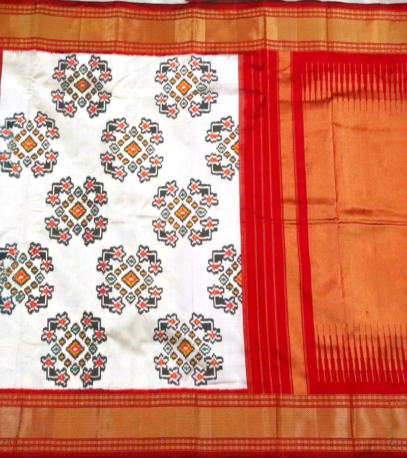 Ivory Ikat Print Saree with Red Zari Border image 4