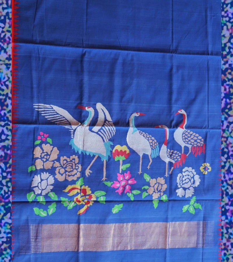 Royal Blue Ikat Crane Motif Handloom Saree