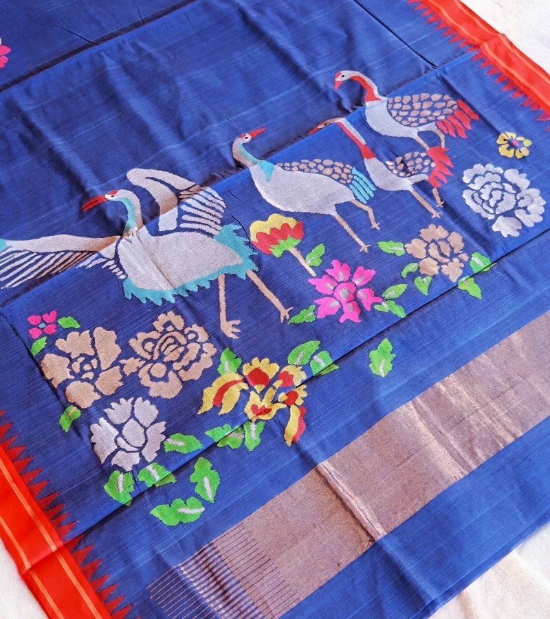 Royal Blue Ikat Crane Motif Handloom Saree image 4