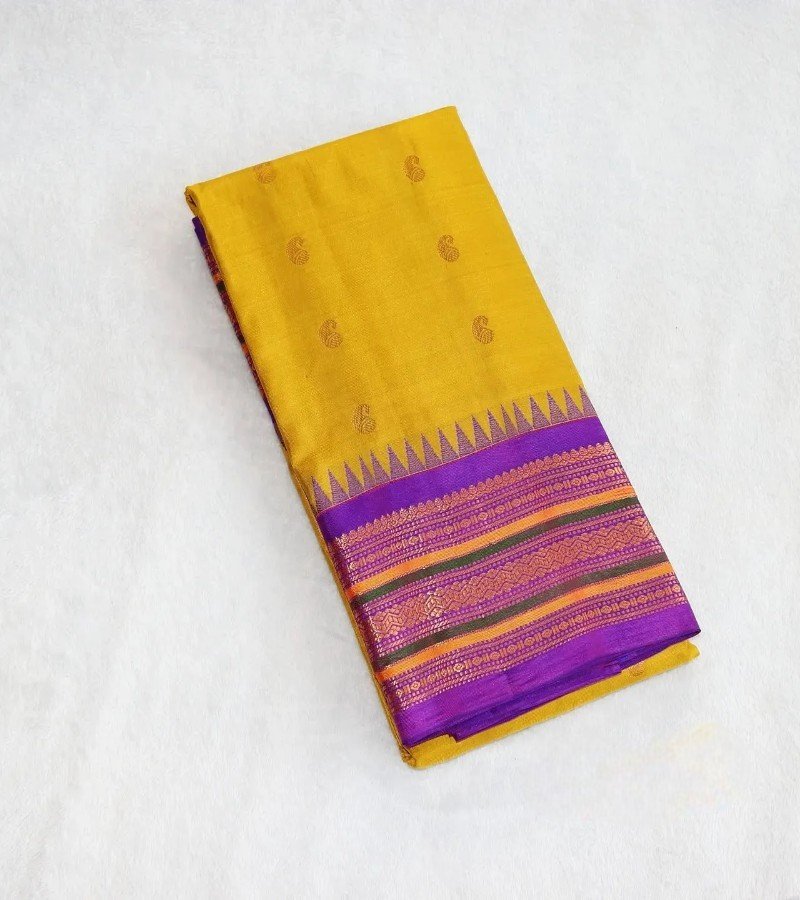 Mustard Yellow with Purple Zari Border Soft Silk Saree