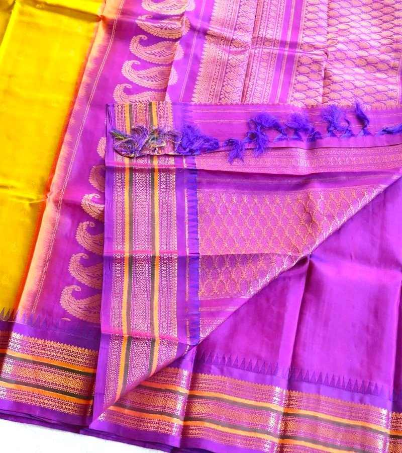 Mustard Yellow with Purple Zari Border Soft Silk Saree