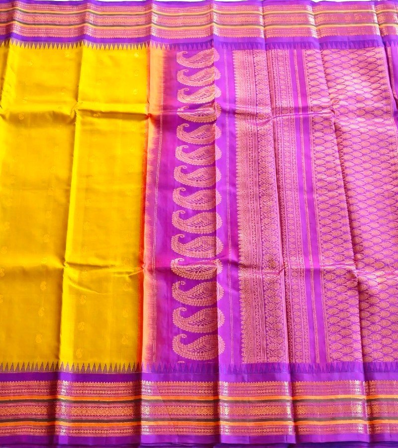 Mustard Yellow with Purple Zari Border Soft Silk Saree image 3
