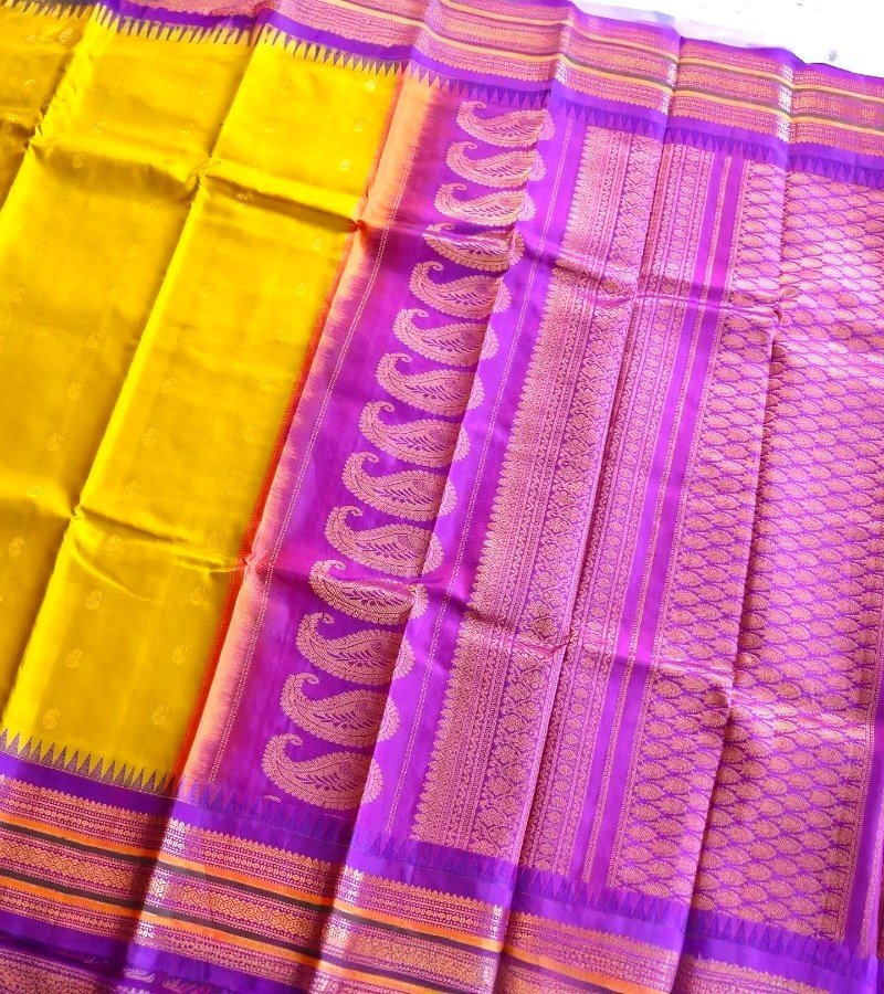 Mustard Yellow with Purple Zari Border Soft Silk Saree image 4