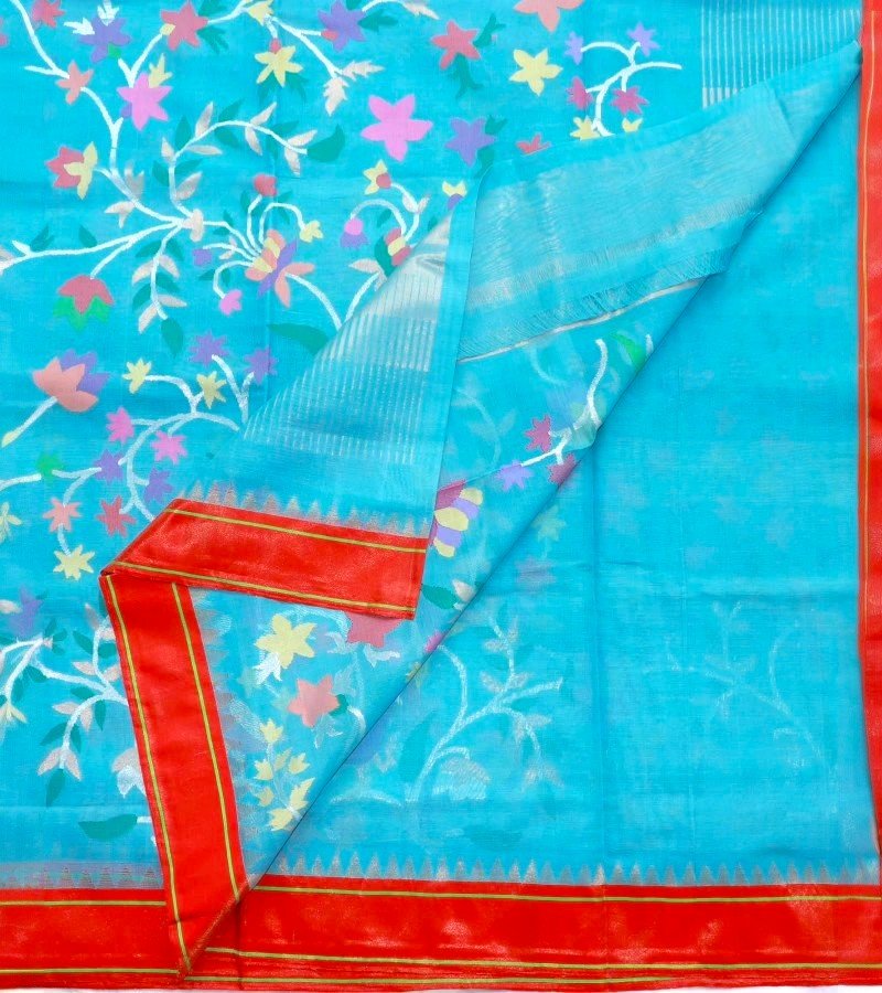 Aqua Flora Handloom Cotton Saree